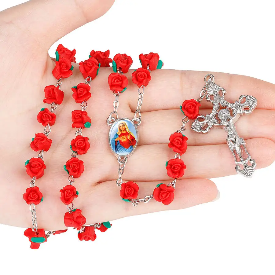 <span class=keywords><strong>Chapelet</strong></span> de perles en forme de Rose d'argile, offre spéciale, collier avec croix religieuse, accessoire de prière marie et jésus, offre spéciale