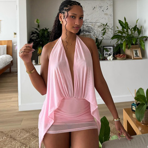 <span class=keywords><strong>Nouvelle</strong></span> Robe Mini Rose Halter à Col en V Profond en Maille Froncée pour Fête d'Anniversaire 2026 - Product Image 1