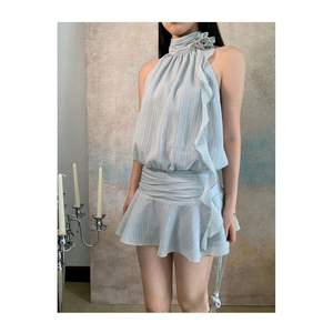 Robe d'été asymétrique pour femme, col licou, taille haute, coupe trapèze, respirante, en polyester/coton, style vintage, pour soirée ou décontractée - Product Image 2