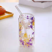 Mug en verre borosilicate soufflé à la main à double paroi avec intercouche de fleurs séchées, résistant à la chaleur, capacité 300 ml pour café et boissons froides