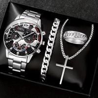 Ensemble Montre Bracelet Classique Homme Or Genève Luxe Bijoux Mode Acier Inoxydable Quartz Analogique Vente en Gros