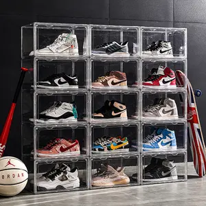Toptan şeffaf plastik Sneaker istiflenebilir ayakkabı saklama kutuları damla ön akrilik çekmece tipi manyetik temiz ayakkabı kutu