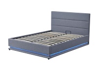 Cadre de lit moderne rembourré en lin avec vérin à gaz, éclairage d'ambiance LED et sommier à lattes, disponible en tailles King et Queen, mobilier de chambre