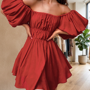 Vestido Mini de Verano Casual Rojo con Hombros Descubiertos, Mangas Abullonadas, Corte en A, Color Sólido, Cintura Elástica y Ajuste Holgado para Mujer - Product Image 3