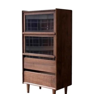 Living Room Storage <b>Cabinet</b> <b>Walnut</b> Color Solid Wood Standing <b>Cabinet</b> With Glass Door And Drawers For Home Use - Product Image 4