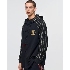 Sudadera con Capucha FOXA con Kanji Japonés para Hombre, Negra con Estampado Dorado en el Logotipo Trasero, Manga Regular, Tejido de Punto, Tallas Grandes - Product Image 4