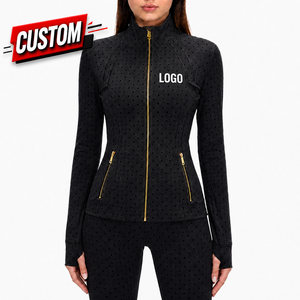 Chaqueta de Yoga de Manga Larga para Mujer con Logotipo Personalizado, Diseño de Puntos, Cuello Alto, Transpirable, Spandex, Poliéster, Cierre Completo con Cremallera y Bolsillo Frontal - Product Image 1