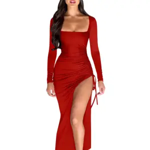 Hot Selling Square Neck Long Sleeved Formal Party Evening Dresses Split Sexy Woman Dresses