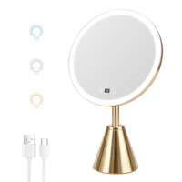 Miroir cosmétique de bureau avec éclairage, base ronde en métal, luminosité réglable, 3 modes de couleur, Smart Touch