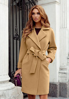 Nouveau Manteau Long Femme Automne Hiver en Laine Coupe Ajustée avec Ceinture et Col Rabattu, Couleur Unie