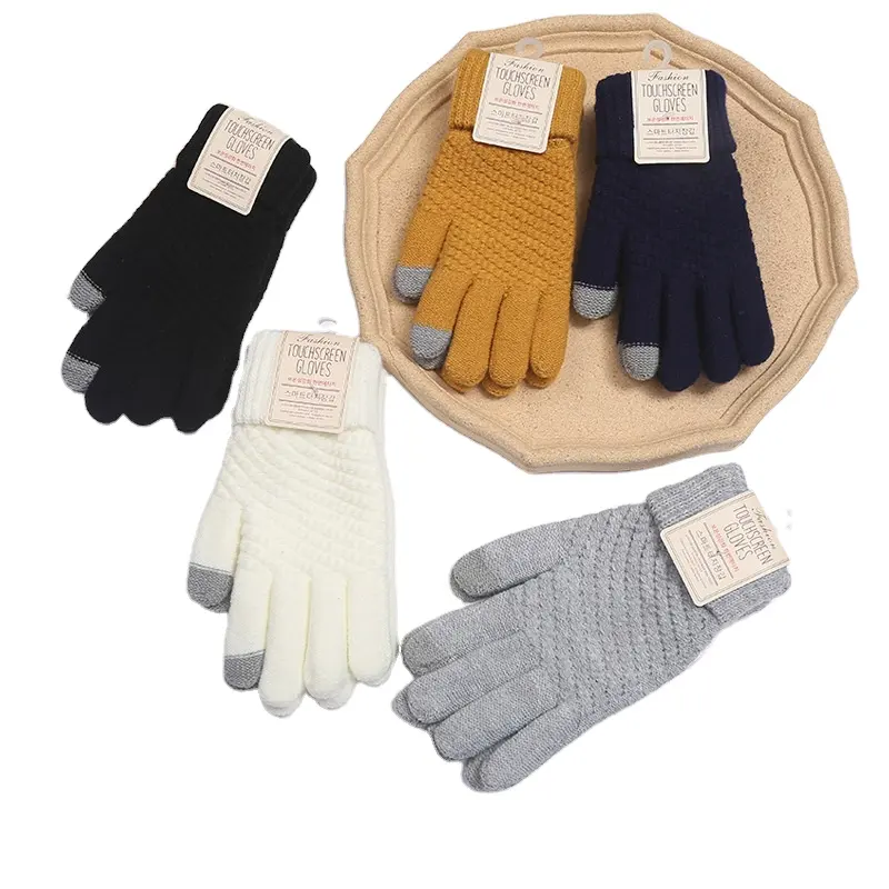 Women's winter fleece-lined thickened Korean style cold-proof cute riding touch screen warm wool knitted glove wholesale