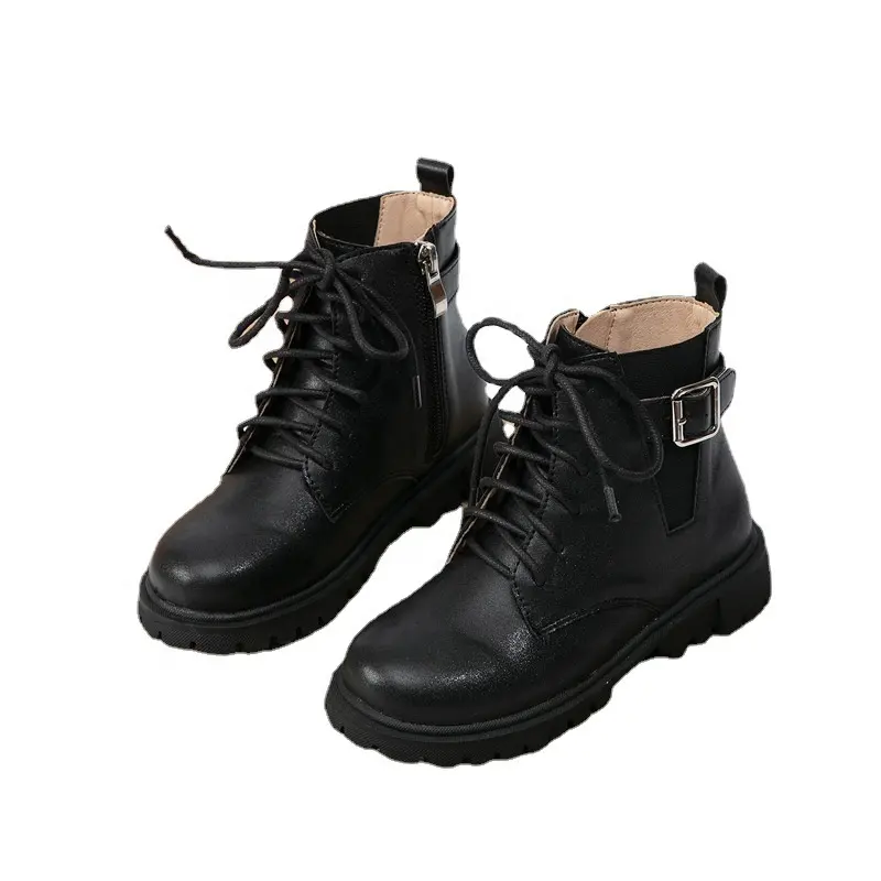 Soft Bottom Leather Children's Martin Boots Fashion Retro Lace-up Black Kids Snow Boots for Girls