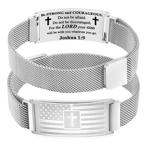 Stainless Steel <b>Couple</b> <b>Bracelet</b> Adjustable <b>Magnetic</b> Mesh Band With American Flag Cross Design Unisex Jewelry Gift - Product Image 3