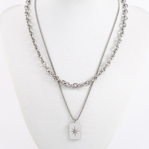 yunnique Fashion Layered Necklace Double <b>Chain</b> Star Pendant <b>Titanium</b> Steel Silver Tone Hip Hop Style - Product Image 3