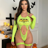 Ensemble de lingerie d'Halloween en gros pour femme, body teddy érotique vert fluorescent à imprimé chauve-souris et lettres, ajouré, avec manches