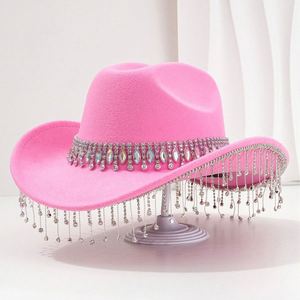 Sombrero vaquero de fieltro para mujer con borla grande de gemas redondas y diamantes de imitación, ideal para fiestas nupciales - Product Image 1