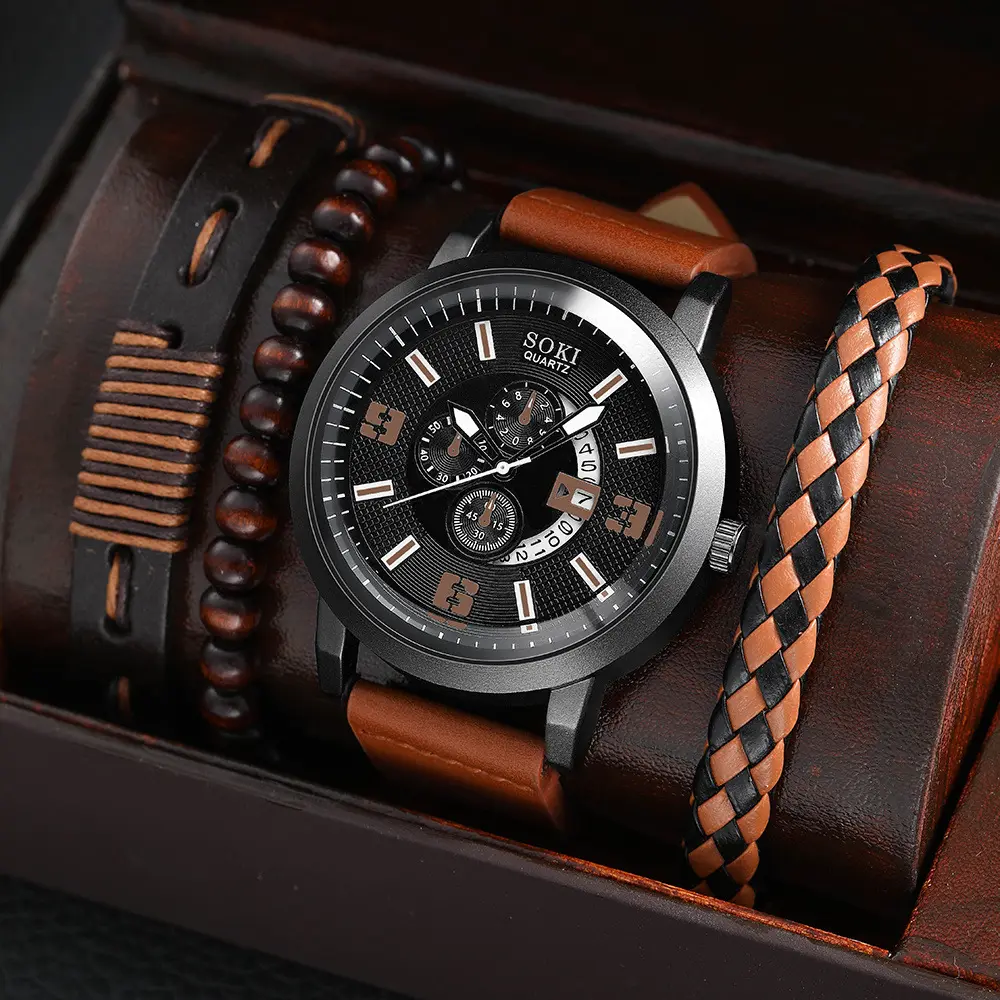 नई पुरुषों की व्यापार मिश्र धातु क्वार्ट्ज घड़ी एस गहने सेट SOKI फैशन घड़ी इच्छा थोक कलाई घड़ी आपूर्तिकर्ता