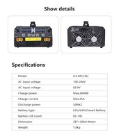 Chargeur rapide double canal EV-PEAK U4-HP 2400W 25A pour drone agricole, compatible batteries LiPo 6S-14S