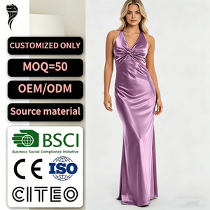 Elegante Vestido Largo de Satén para Mujer, Estilo Halter, Color Sólido, con Fruncido, OEM ODM Personalizado - Product Image 1
