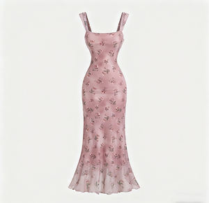 Fransız Retro açık pembe çiçek boyundan bağlamalı elbise bel ince balık kuyruğu elbise zarif ünlü stil ziyafet elbise etek - Product Image 1