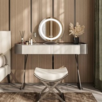 Table de toilette moderne sur pied avec armoire de rangement, plateau en pierre vert de luxe, miroir tactile LED, pour chambre à coucher et maquillage – Vente en gros