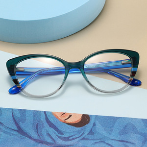 Monturas de gafas de acetato de alta gama con forma de ojo de gato para mujer, montura completa, color degradado, lentes planas anti UV, número de pieza 1047 - Product Image 2