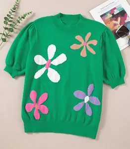 Spring New Designer Flower Printed Pattern Short Sleeve Knitted Top Ladies Fashion Versatile Sweater for Women