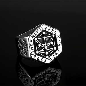 Men's Stainless Steel Hexagon <b>Ring</b> Viking Letters Geometric Design Hip Hop Style Gift Jewelry - Product Image 1