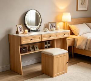 Premium Oak White Top Dressing Table Round <b>LED</b> <b>Mirror</b> Triple Drawer Open Compartment <b>Makeup</b> Vanity With Storage Stool - Product Image 6