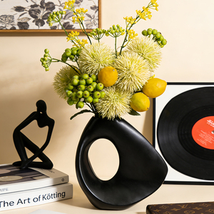 Jarrón de Flores de Cerámica Negro Mate Geométrico para Decoración <span class=keywords><strong>Minimalista</strong></span> del <span class=keywords><strong>Hogar</strong></span>, para Estantes, Sala de Estar, Repisa, Decoración del <span class=keywords><strong>Hogar</strong></span> - Product Image 3