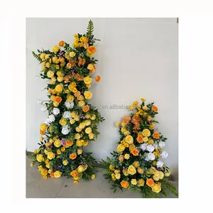 New style colorful wedding silk artificial roses flower row yellow and orange flower runner arrangements for party decoration