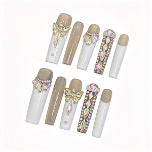 Ongles faits main extra longs carrés, design papillon en cristal AB de luxe, strass français blanc laiteux, pour fête nuptiale glamour - Product Image 1