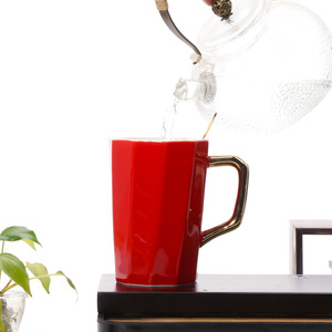 Ceramic <b>Mug</b> With Gold Handle Red And Green Solid Color Wedding Gift Set High Temperature Resistant - Product Image 2