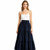 Jupe mi-longue évasée à taille haute élastique avec cordon de serrage, style européen et américain, élégante et fluide, à manches courtes.