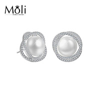 Boucles d'oreilles à clous en perles d'eau douce blanches de style nid d'oiseau, argent 5A, 8-9 mm, vente en gros de bijoux de mode