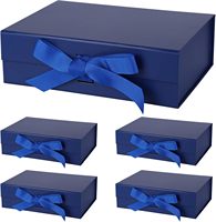 Boîte à rabat magnétique pliable bleu foncé avec nœud en ruban de soie, facile à assembler, pour cosmétiques, montres, sacs et coffrets cadeaux