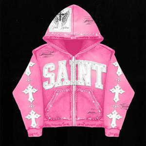 Sweat à capuche unisexe personnalisé par le fabricant, avec strass, 100% coton, poids lourd 350g, imprimé automne, fermeture éclair, délavage acide, effet vieilli, surdimensionné - Product Image 2