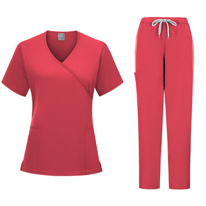 Women's V-Neck Scrub Set Rose Red Purple Pink Cyan Watermelon Red Navy Blue Gray Black Knitted Uniforms Hospital Wear - Product Image 4