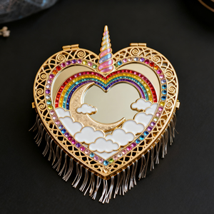 Tua nhiều màu kim cương nạm gấp Gương trang điểm vàng hình trái tim sang trọng Túi gương - Product Image 2