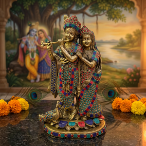 Figurine Krishna Radha en laiton plaqué or, objet religieux, sculpture d'art, décoration d'intérieur, objet de collection - Product Image 4