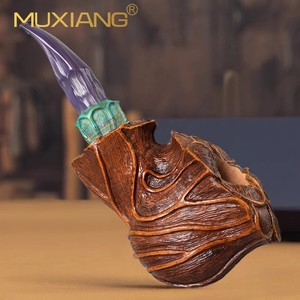 Muxiang Wooden Tobacco Pipe 3mm Bore Carved Briar Wood With Cobalt Mouthpiece For Men - Product Image 2
