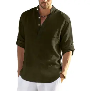 Men's Cotton Linen Henley Shirt Long Sleeve Hippie Casual Beach T Shirts