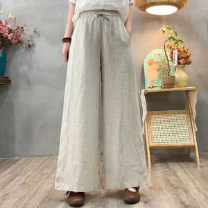 Wide Leg Pants Women Elastic Waist Solid Color Loose Fit Casual Breathable Mid Waist Pocket Spring Summer Style - Product Image 1