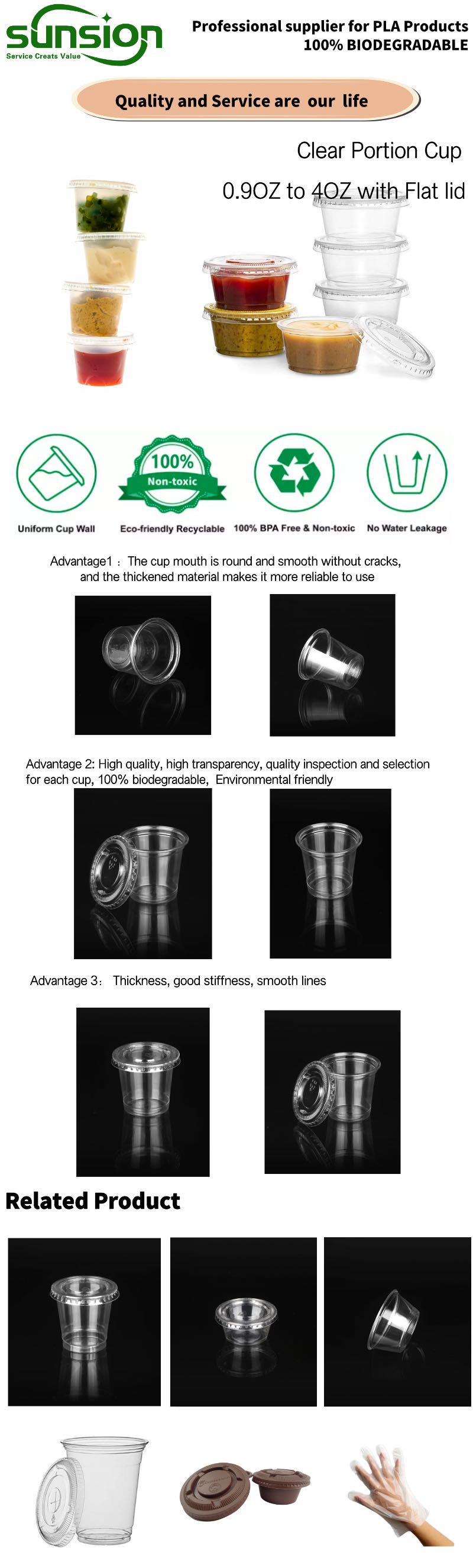 2oz Plastic Disposable Cup PLA Sauce Portion Cup With Flat Lid Biodegradable 60ml Clear 2