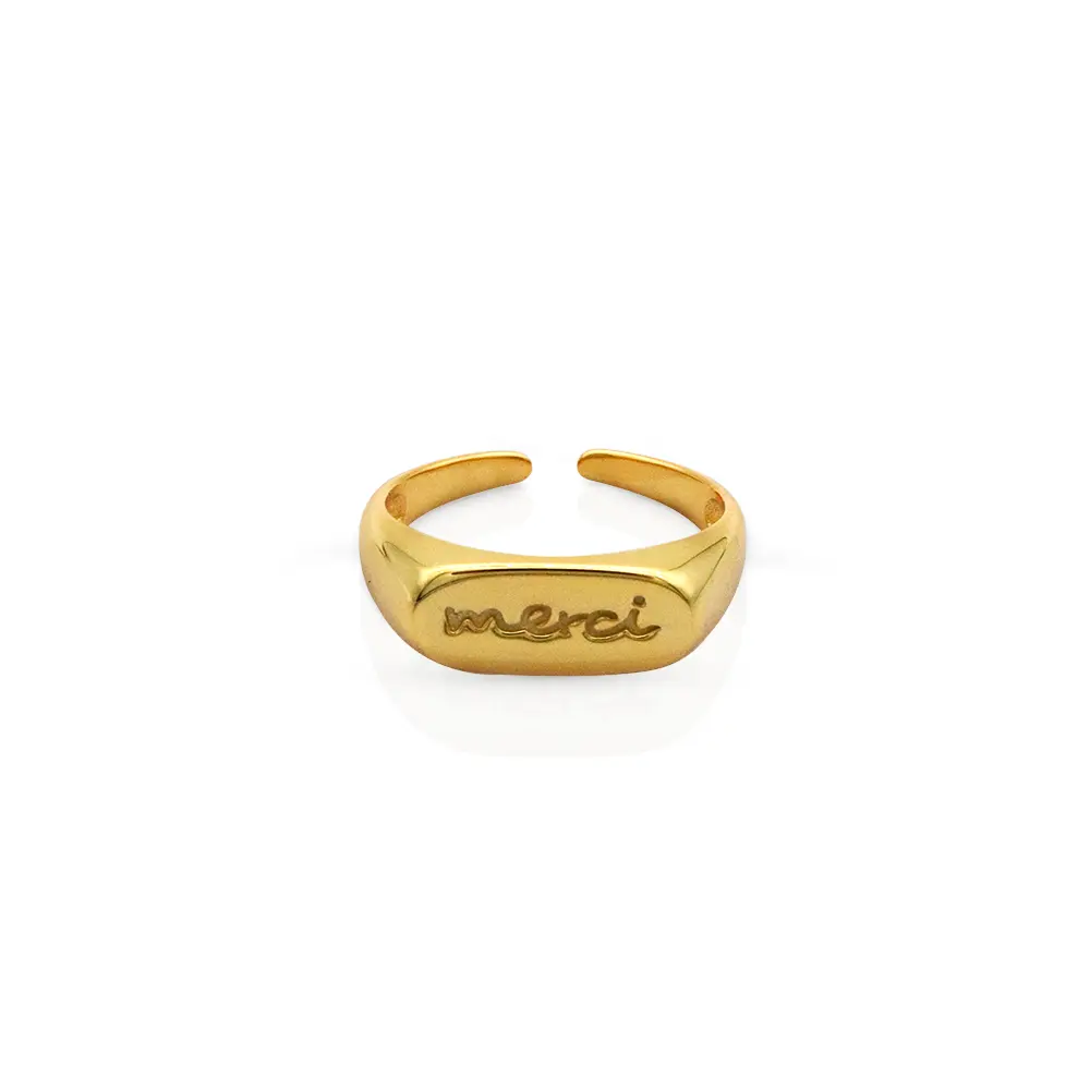Chril april 925 sterling silver 18k gold plated merci letters alphabets square signet resizable rings
