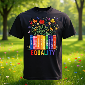 T-shirt Fierté LGBT avec motifs Égalité, Amour, Paix, Gentillesse, Livres et Fleurs - Product Image 3