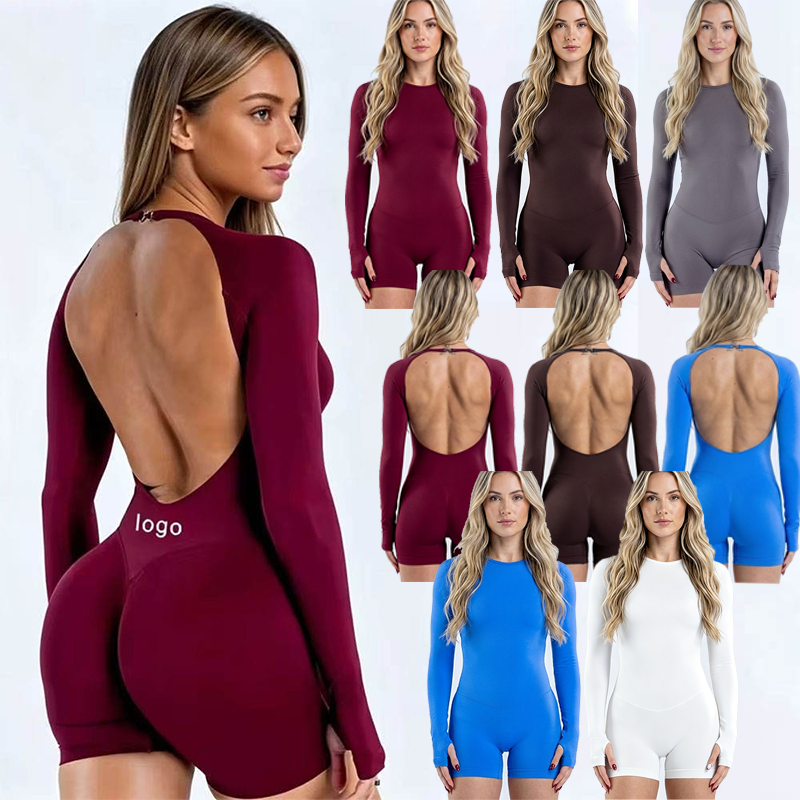 2026 Newest Custom Seamless Fitness Long Sleeves Adjustable Yoga Backless Jumpsuit Sports One Piece Gym Bodysuits For Woman