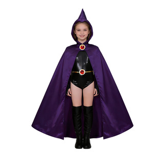 Mango Teen Titans Raven Costume Girl Purple Hooded Cape Black Bodysuit Halloween Cosplay - Product Image 1