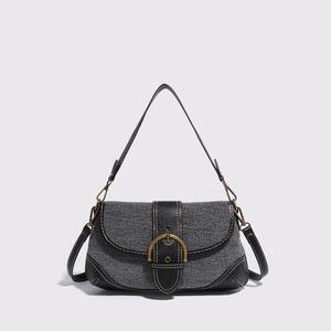 Denim <b>patchwork</b> shoulder <b>bag</b> metal buckle retro casual - Product Image 3