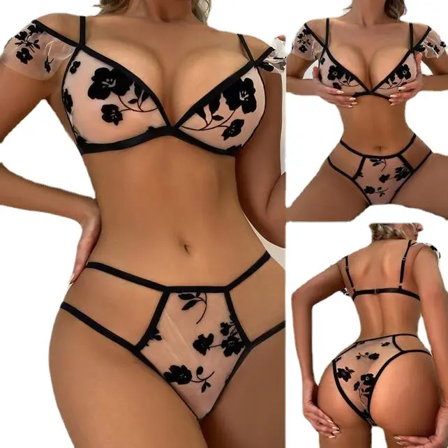 New Trendy Ladies Print Floral Embroidery Mesh Bra Thong Lingerie Underwear Set For Women 2023